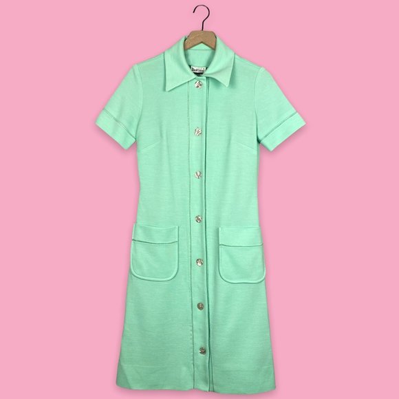 Vintage 60s David Crystal Fashion Collared Button Front Dress - Picture 3 of 15